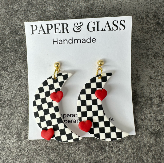 Checkerboard Moon & Heart Valentine’s Earrings